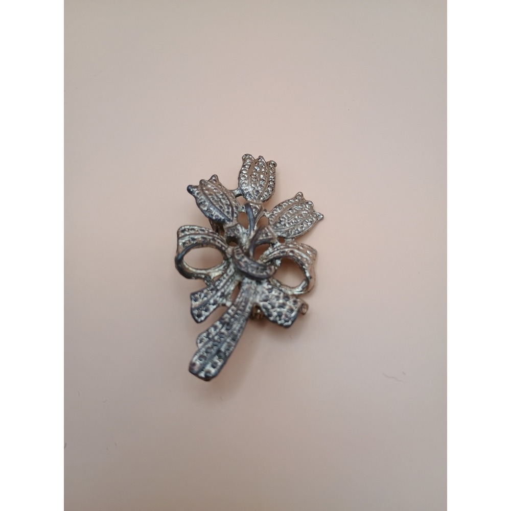 Vintage Silver Tone Tulip Flower Brooch Ribbon Bow Floral Pin Antique Style